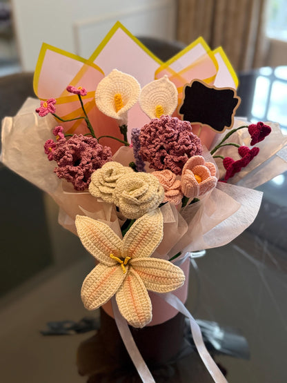 Handmade Crochet Flower Bouquet in Box | Lily, Roses, Tulip, Carnations, Calla – Gift Arrangement