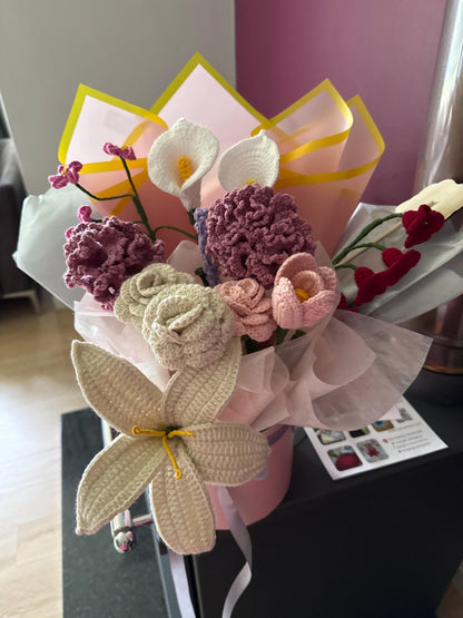 Handmade Crochet Flower Bouquet in Box | Lily, Roses, Tulip, Carnations, Calla – Gift Arrangement