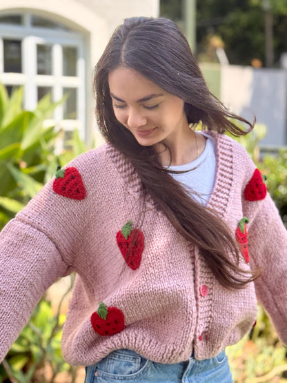 Handmade Strawberry Crochet Cardigan – Chunky Boho Knit Sweater with Cotton Appliques – Cozy Gift for Her