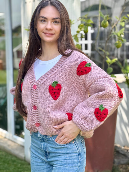 Handmade Strawberry Crochet Cardigan – Chunky Boho Knit Sweater with Cotton Appliques – Cozy Gift for Her