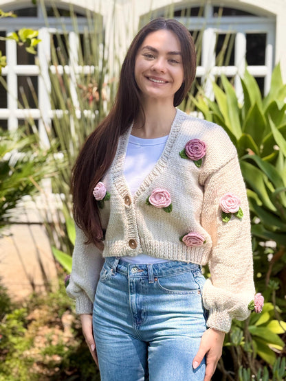 Handmade Crochet Rose Cardigan – Unique Floral Knit Sweater, Cottagecore Boho Jacket, Gift for Her