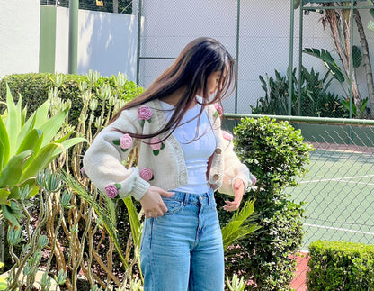 Handmade Crochet Rose Cardigan – Unique Floral Knit Sweater, Cottagecore Boho Jacket, Gift for Her