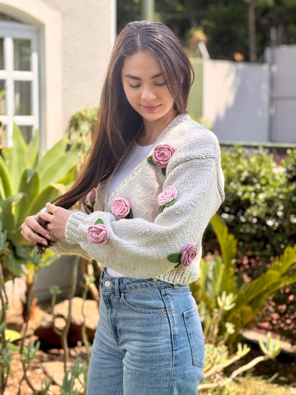 Handmade Crochet Rose Cardigan – Unique Floral Knit Sweater, Cottagecore Boho Jacket, Gift for Her