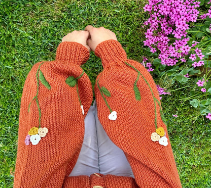 Boho Crochet Floral Cardigan – Handmade Chunky Knit Sweater for Women Embroidery Jacket