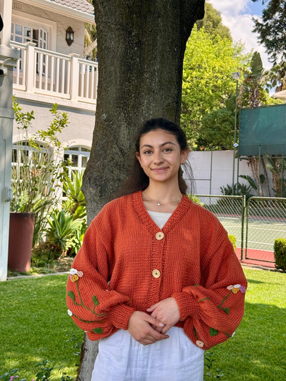 Boho Crochet Floral Cardigan – Handmade Chunky Knit Sweater for Women Embroidery Jacket