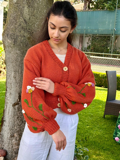 Boho Crochet Floral Cardigan – Handmade Chunky Knit Sweater for Women Embroidery Jacket