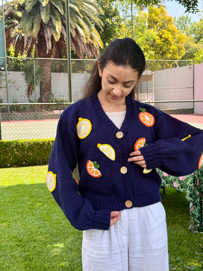 Handmade Fruit Cardigan – Navy Blue Citrus Knit Sweater, Lemon Orange Embroidered Knitwear,Christmas Gift