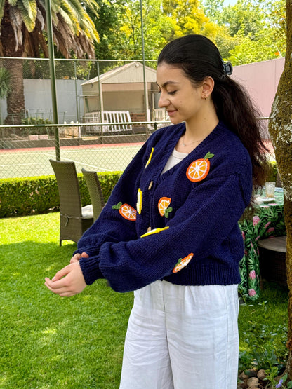 Handmade Fruit Cardigan – Navy Blue Citrus Knit Sweater, Lemon Orange Embroidered Knitwear,Christmas Gift