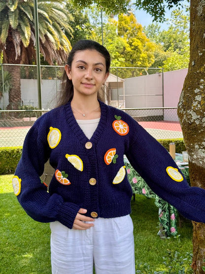 Handmade Fruit Cardigan – Navy Blue Citrus Knit Sweater, Lemon Orange Embroidered Knitwear,Christmas Gift