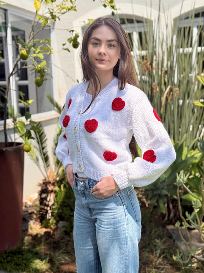 Handmade Sparkle Cardigan: Red Crochet Hearts Knit Sweater,Unique Christmas Gift