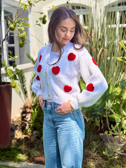 Handmade Sparkle Cardigan: Red Crochet Hearts Knit Sweater,Unique Christmas Gift