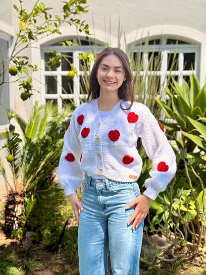 Handmade Sparkle Cardigan: Red Crochet Hearts Knit Sweater,Unique Christmas Gift