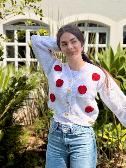 Handmade Sparkle Cardigan: Red Crochet Hearts Knit Sweater,Unique Christmas Gift