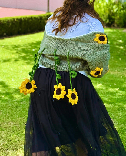Handmade Chunky Knit Sunflower Cardigan: Boho Crochet Sweater