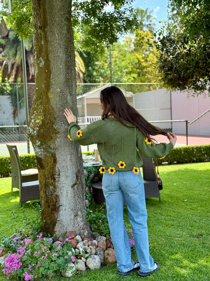 Handmade Chunky Knit Sunflower Cardigan: Boho Crochet Sweater