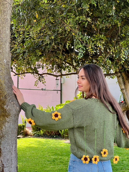 Handmade Chunky Knit Sunflower Cardigan: Boho Crochet Sweater