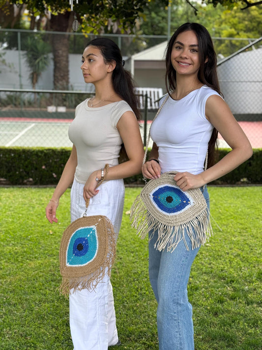 Crochet Evil Eye Crossbody Bag - Handmade Boho Rafia Handbag,Christmas Gift