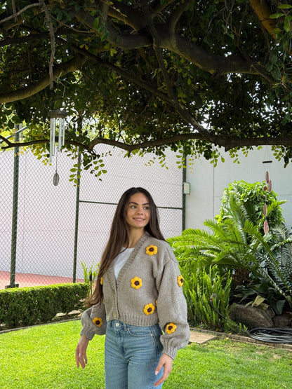 Handmade Chunky Knit Sunflower Cardigan: Boho Cropped Sweater,Unique Christmas Gift