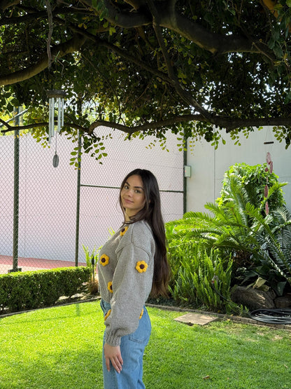 Handmade Chunky Knit Sunflower Cardigan: Boho Cropped Sweater,Unique Christmas Gift