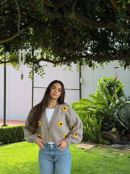Handmade Chunky Knit Sunflower Cardigan: Boho Cropped Sweater,Unique Christmas Gift