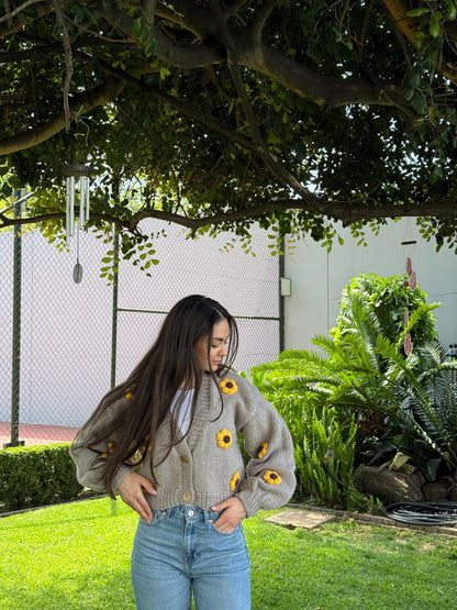 Handmade Chunky Knit Sunflower Cardigan: Boho Cropped Sweater,Unique Christmas Gift