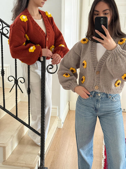 Handmade Chunky Knit Sunflower Cardigan: Boho Cropped Sweater,Unique Christmas Gift