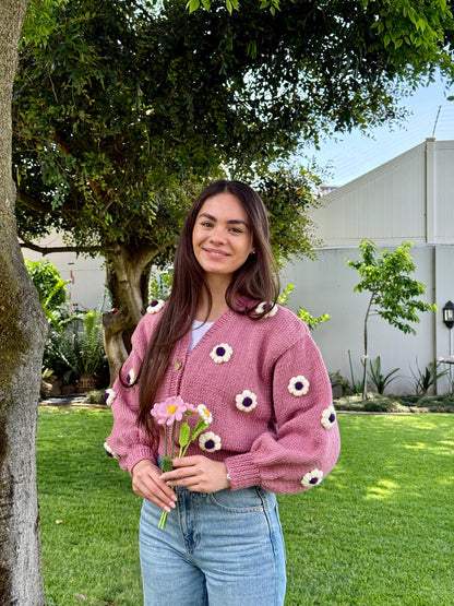 Handmade Pink Crochet Daisy Cardigan - Cottagecore Knitwear,Unique Christmas Gift