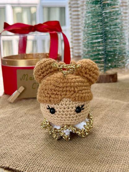 Crochet angel ornament with gold halo and wings – handmade cotton bauble, perfect Christmas gift.