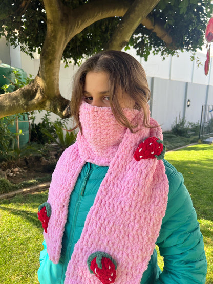 Handmade Velvet Crochet Scarf – Strawberry, Cherry & Daisy Design | Cute Gift for Her, Cozy Winter Accessory