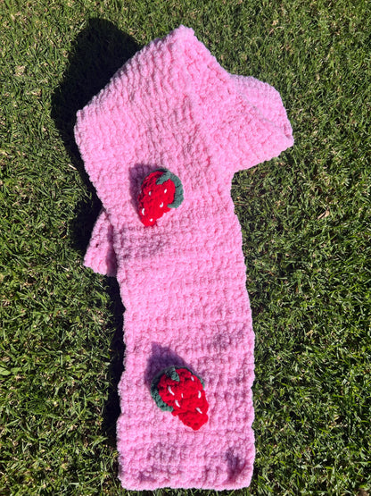 Handmade Velvet Crochet Scarf – Strawberry, Cherry & Daisy Design | Cute Gift for Her, Cozy Winter Accessory
