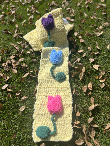 Handmade Velvet Crochet Scarf – Strawberry, Cherry & Daisy Design | Cute Gift for Her, Cozy Winter Accessory