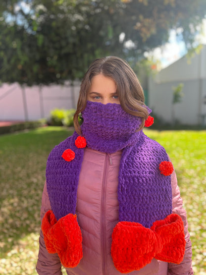 Handmade Velvet Crochet Scarf – Strawberry, Cherry & Daisy Design | Cute Gift for Her, Cozy Winter Accessory