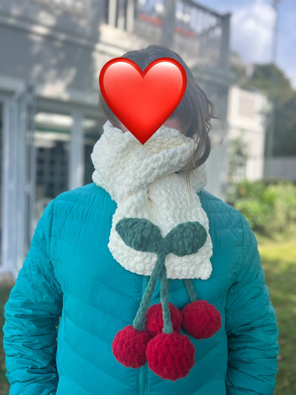 Handmade Velvet Crochet Scarf – Strawberry, Cherry & Daisy Design | Cute Gift for Her, Cozy Winter Accessory