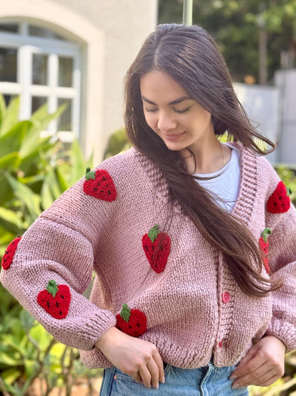 Handmade Strawberry Crochet Cardigan – Chunky Boho Knit Sweater with Cotton Appliques – Cozy Gift for Her