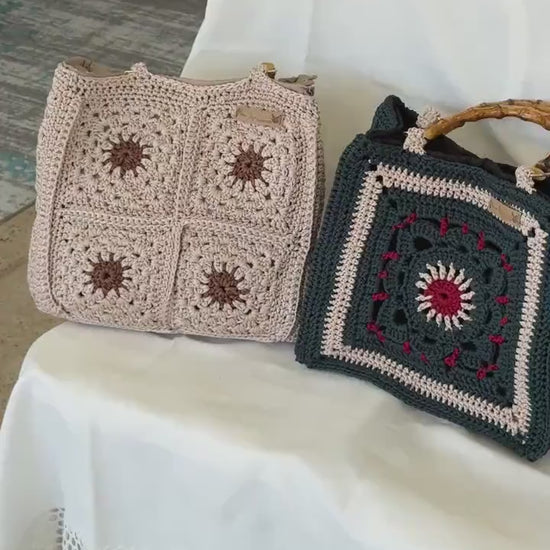 Crochet Granny Square Bag: Lined Boho Tote with Bamboo Handles