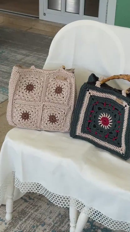 Crochet Granny Square Bag: Lined Boho Tote with Bamboo Handles