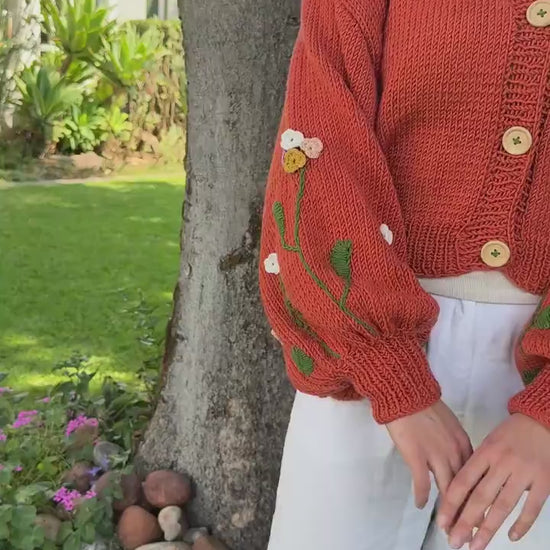 Boho Crochet Floral Cardigan – Handmade Chunky Knit Sweater for Women Embroidery Jacket