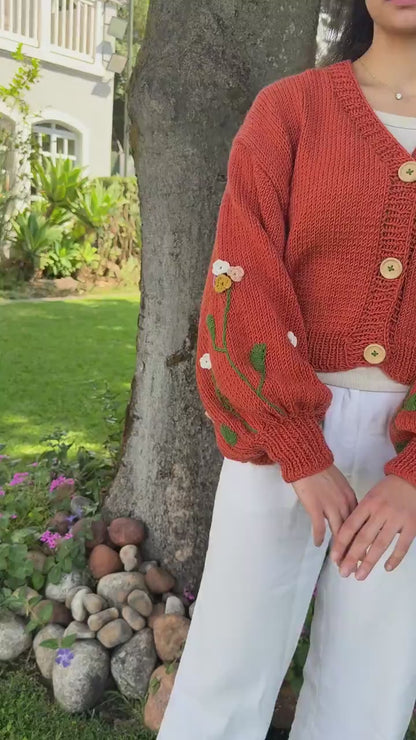 Boho Crochet Floral Cardigan – Handmade Chunky Knit Sweater for Women Embroidery Jacket