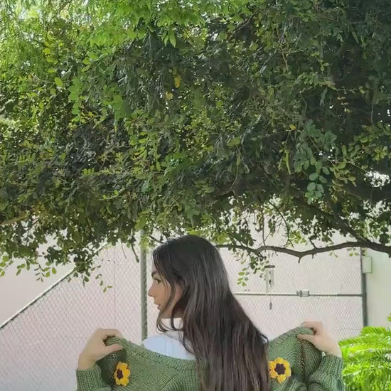 Handmade Chunky Knit Sunflower Cardigan: Boho Crochet Sweater