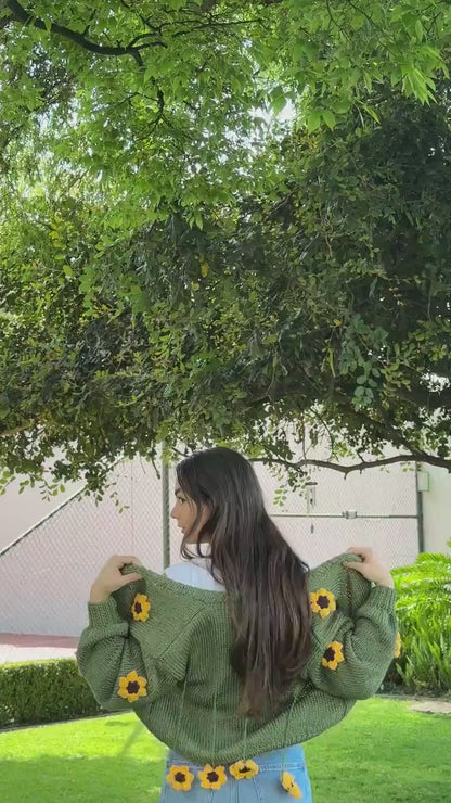 Handmade Chunky Knit Sunflower Cardigan: Boho Crochet Sweater