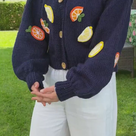 Handmade Fruit Cardigan – Navy Blue Citrus Knit Sweater, Lemon Orange Embroidered Knitwear,Christmas Gift