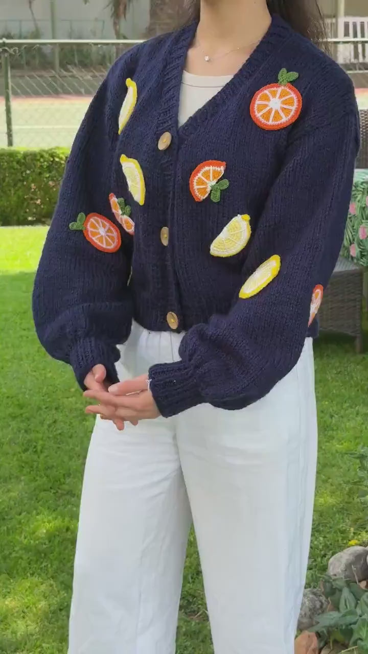 Handmade Fruit Cardigan – Navy Blue Citrus Knit Sweater, Lemon Orange Embroidered Knitwear,Christmas Gift