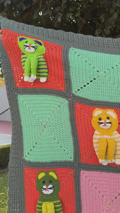 Colorful Crochet Cat Blanket – Handmade Throw, Cozy, Cat Lover Gift