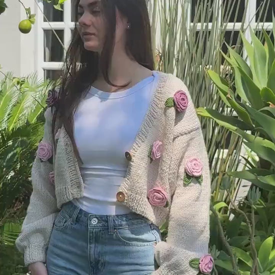 Handmade Crochet Rose Cardigan – Unique Floral Knit Sweater, Cottagecore Boho Jacket, Gift for Her