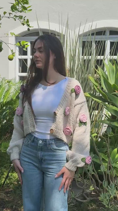 Handmade Crochet Rose Cardigan – Unique Floral Knit Sweater, Cottagecore Boho Jacket, Gift for Her