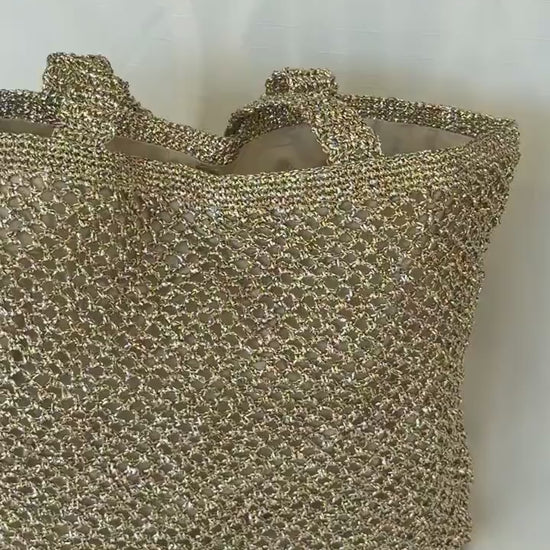 Gold Crochet Beach Bag: Handmade Lined Tote with Magnetic Closure