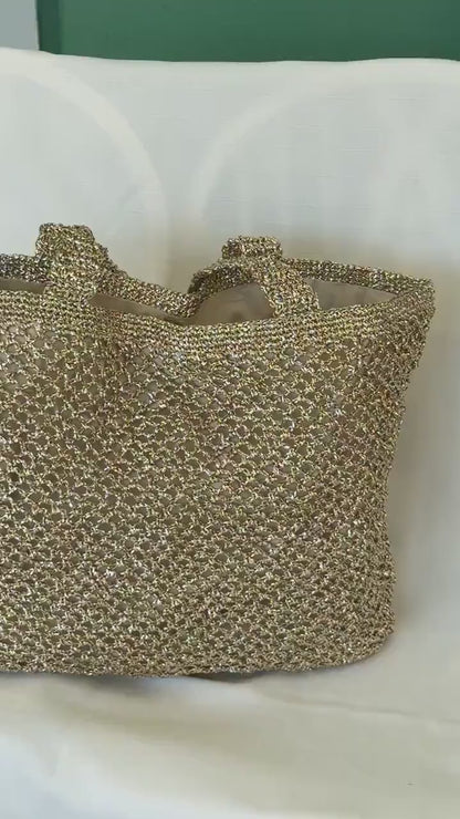 Gold Crochet Beach Bag: Handmade Lined Tote with Magnetic Closure