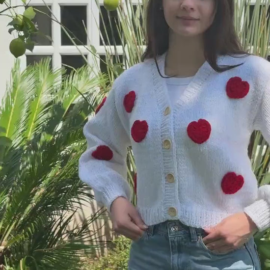 Handmade Sparkle Cardigan: Red Crochet Hearts Knit Sweater,Unique Christmas Gift