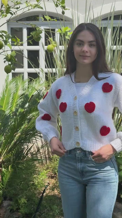 Handmade Sparkle Cardigan: Red Crochet Hearts Knit Sweater,Unique Christmas Gift