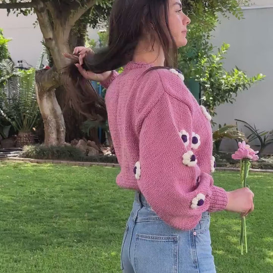 Handmade Pink Crochet Daisy Cardigan - Cottagecore Knitwear,Unique Christmas Gift